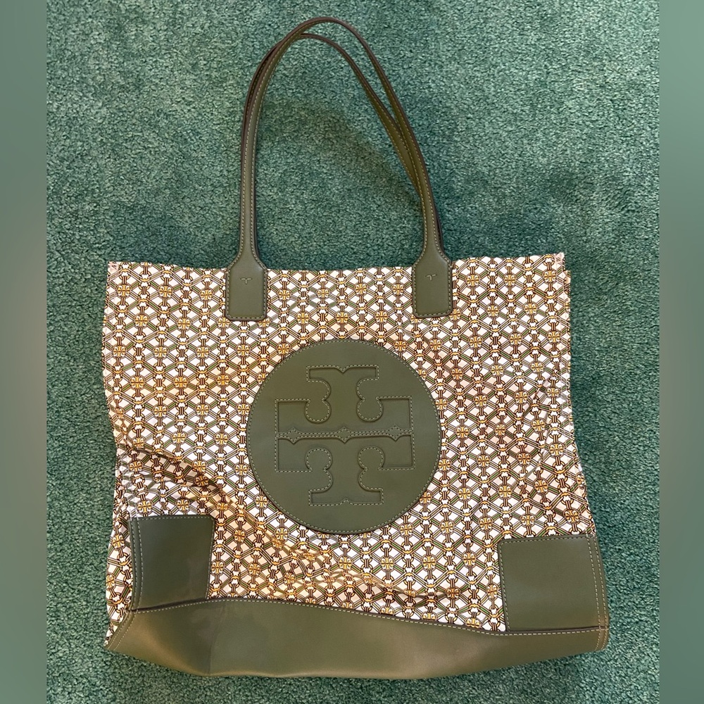 Tory Burch Olive and Brown Patterned Tote